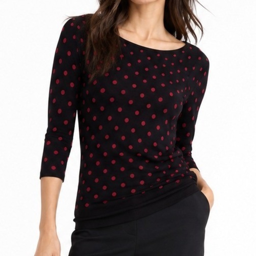 White House Black Market Polka Dot Sweater Black Pink 3/4 Sleeve Boat Neck Top
